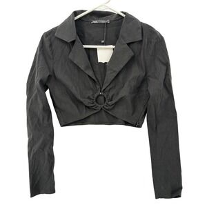 Zara Top Womens Small Black Cropped Ring Cutout Long Sleeve Collared NWT
